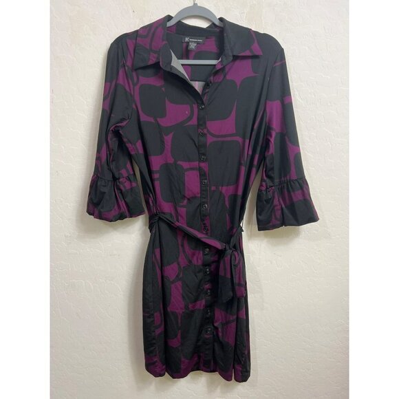 INC Full Button Dress Matching Belt Tie L Polyester Spandex Stretch w Collar pur - Picture 2 of 9